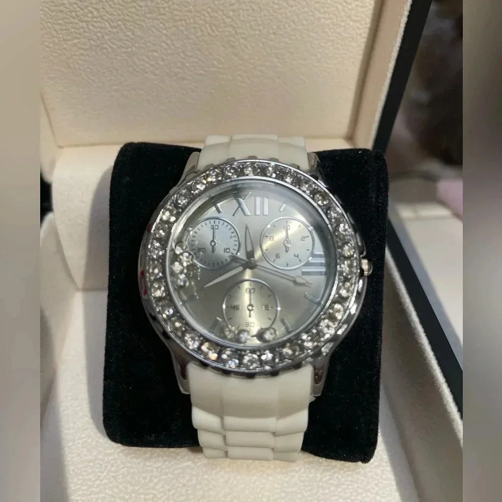 Gracie Lynn Watch White Buckle Band Round Face Silver Toned Rhinestones